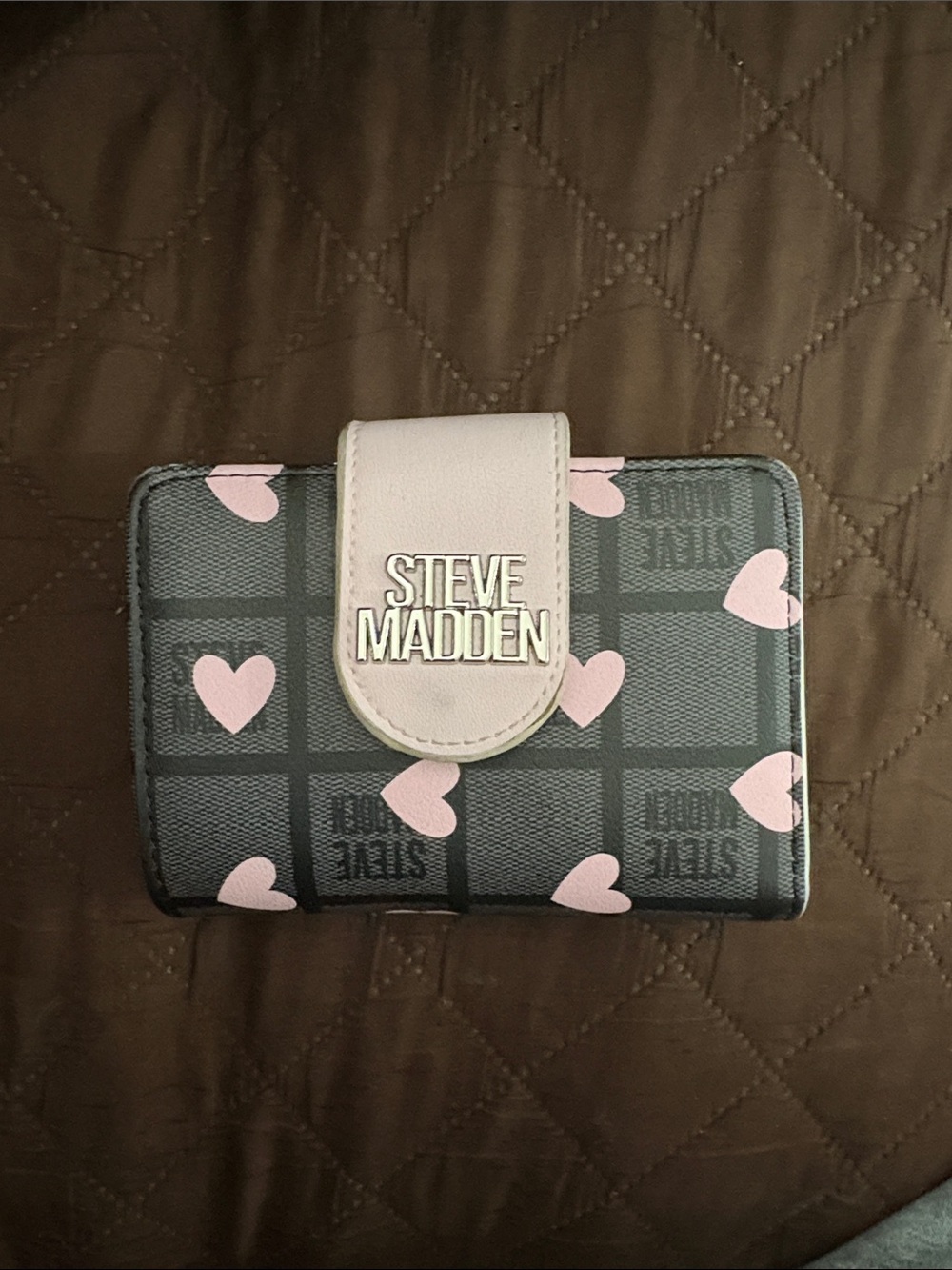 Steve Madden Black Wallet with Pink Hearts and Pale Pink Snap
